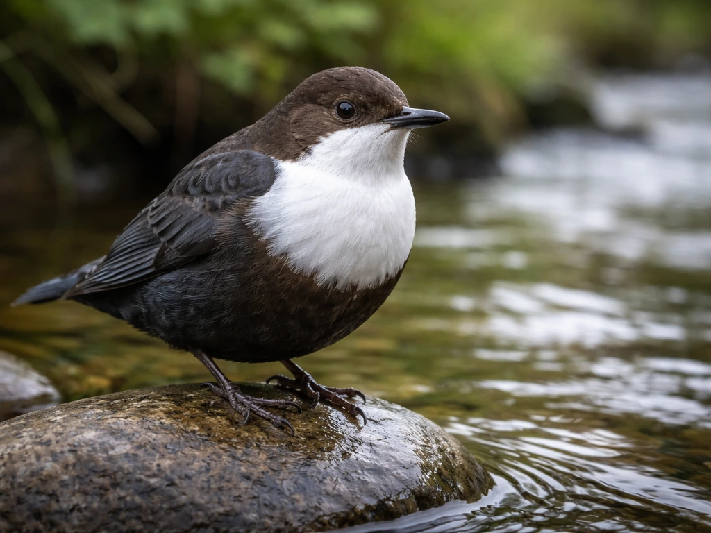 Close-up of a white-throated dipper perched near a stream, showing its bright white throat patch.