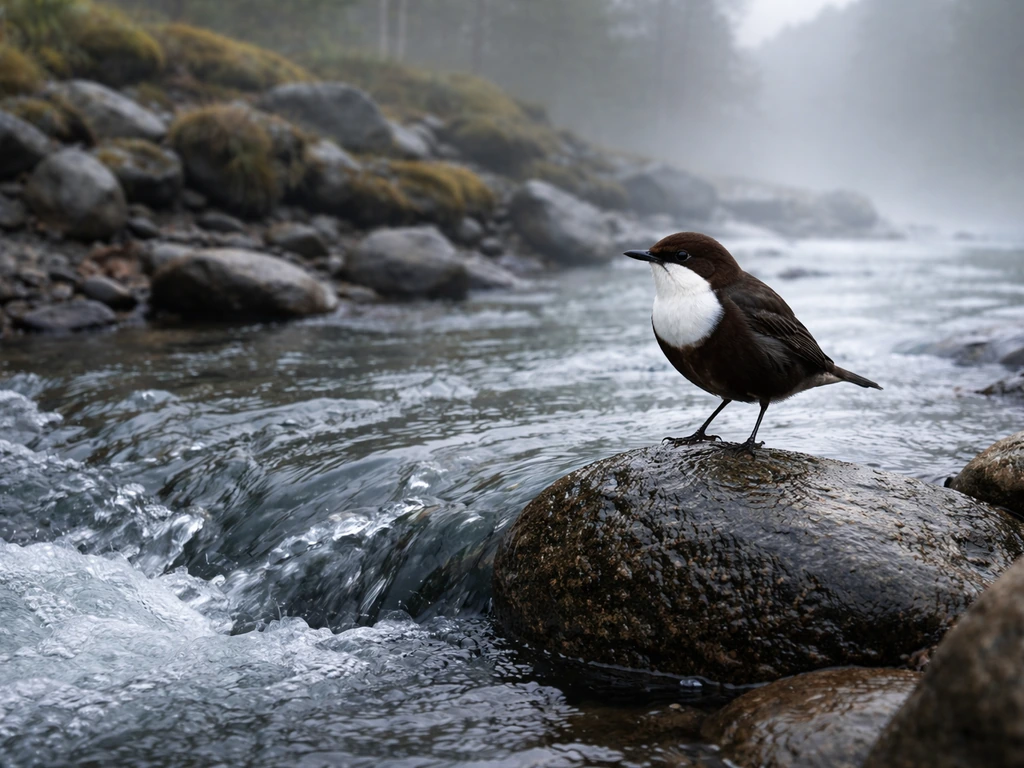 White-throated dipper-like bird perched near a fast-flowing rocky stream in a rugged Norwegian landscape.