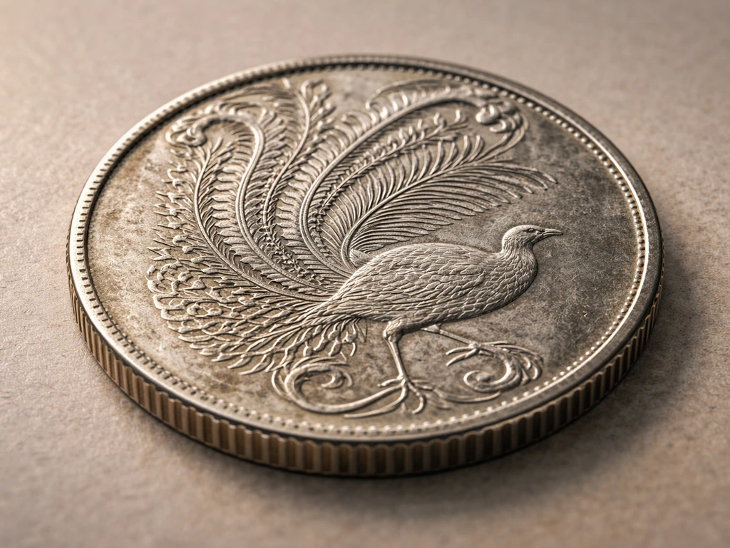 Close-up macro of an Australian 10 cent coin showing the superb lyrebird design and fan-shaped tail.
