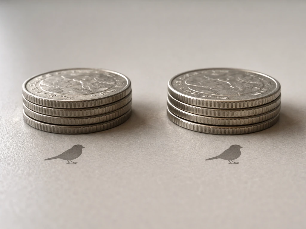 Two coin designs side by side on a neutral surface, with a small bird silhouette cue for matching