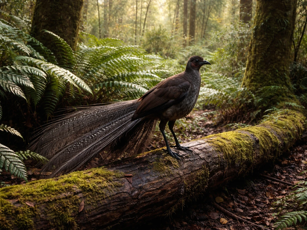 Australian superb lyrebird perched in a damp temperate rainforest, tail partially fanned.
