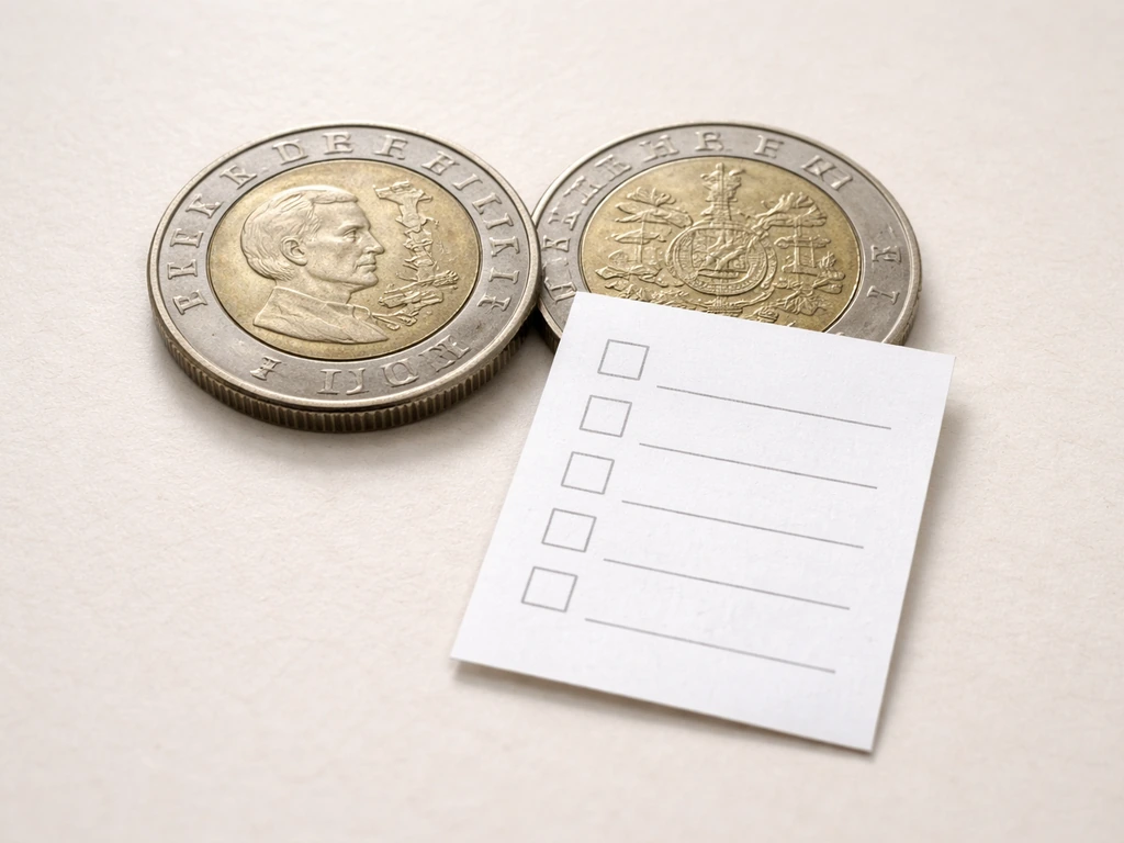 Close-up of a collectible coin with a blank checkbox checklist paper overlay on a neutral table.