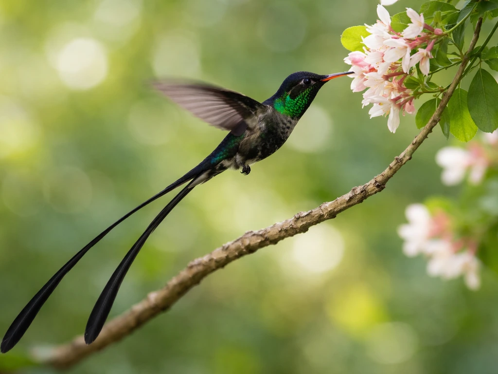 Close-up of a Streamertail hummingbird perched and feeding on a flowering plant
