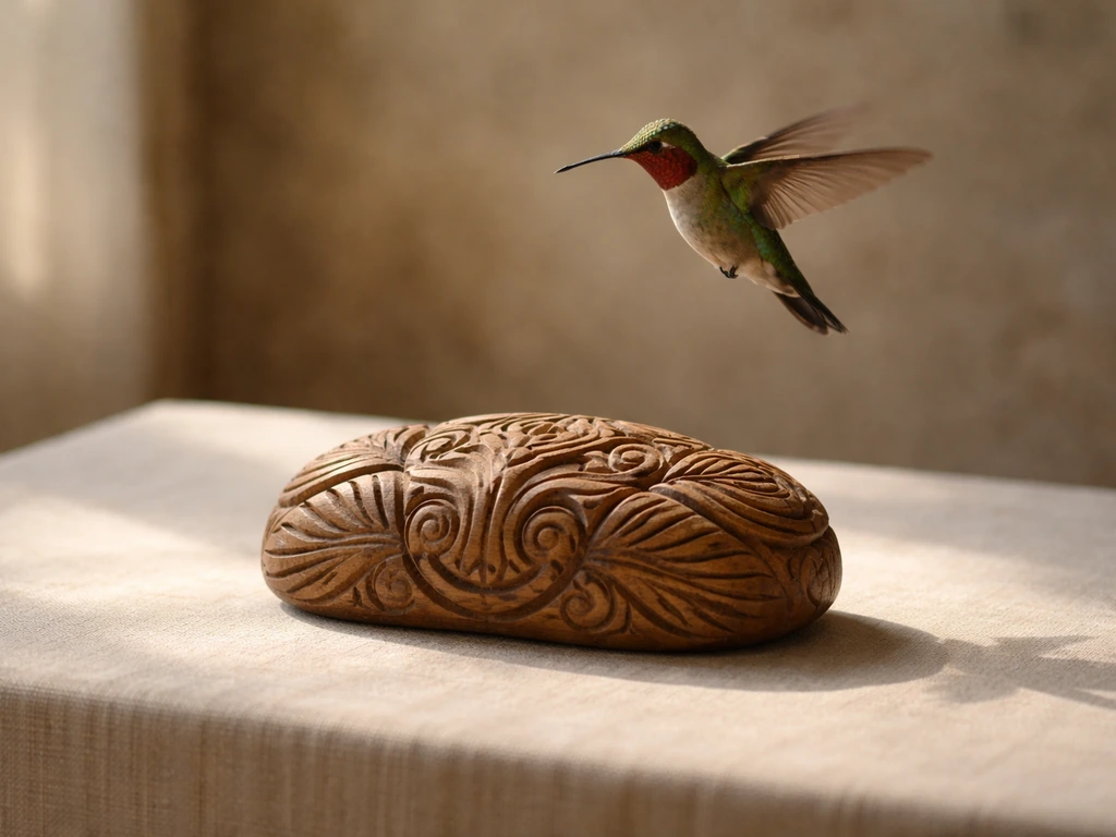 Arawak-inspired hummingbird perched on carved wood, warm light, small museum-like setting.