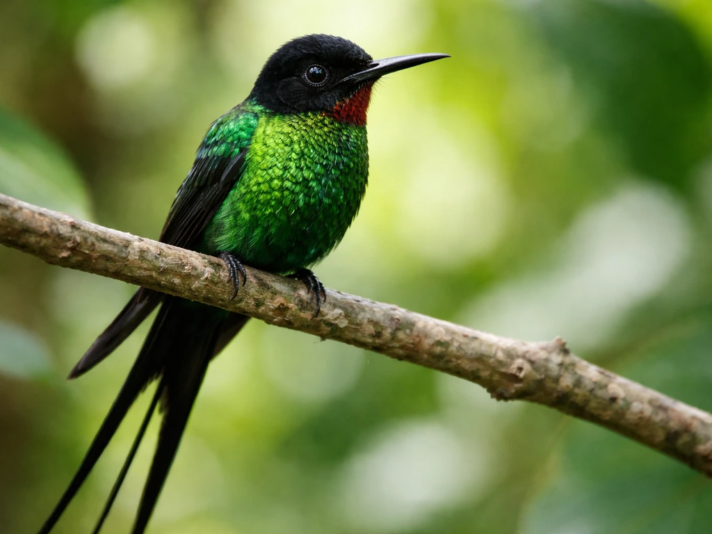 A realistic doctor bird perched on a branch in Jamaica, showing vivid green and hints of red plumage.