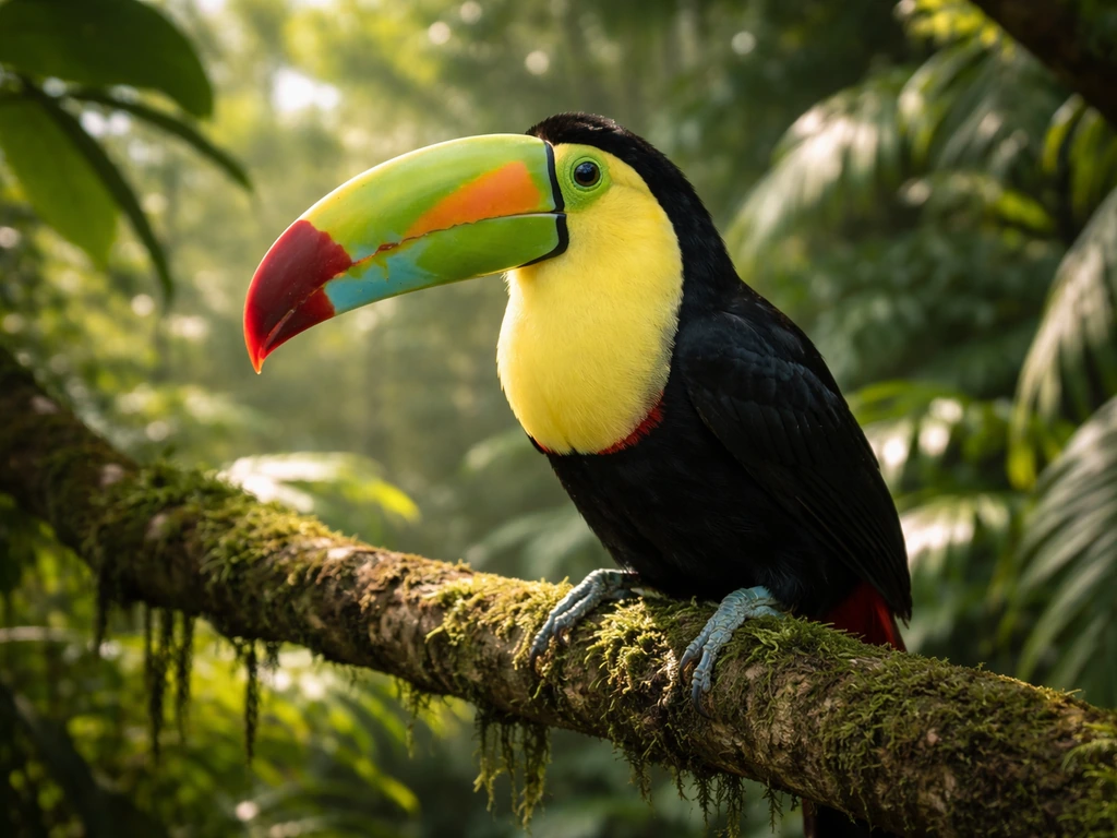 Keel-billed toucan perched in a lush tropical rainforest in Belize, showing its oversized multicolored bill.