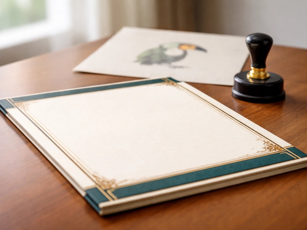 Close-up of a printed legal document on a desk with a toucan emblem stamp motif, Belize-inspired tones.