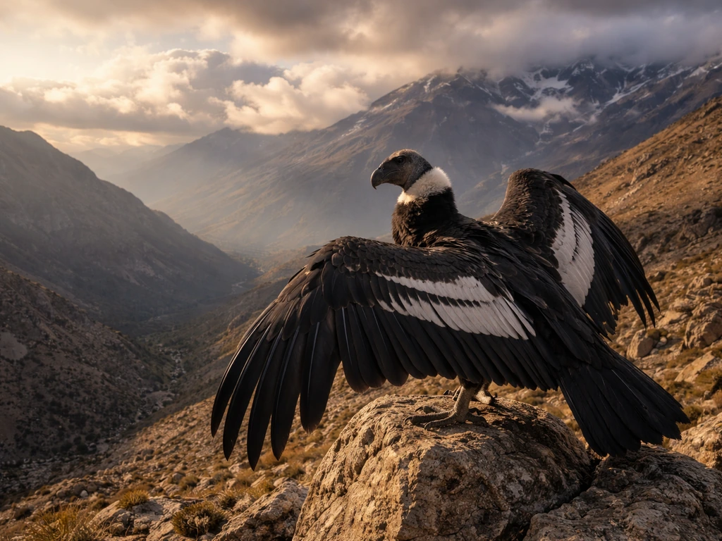 Andean condor perched on a rocky ledge with dramatic Andes mountains and clouds in Chile.