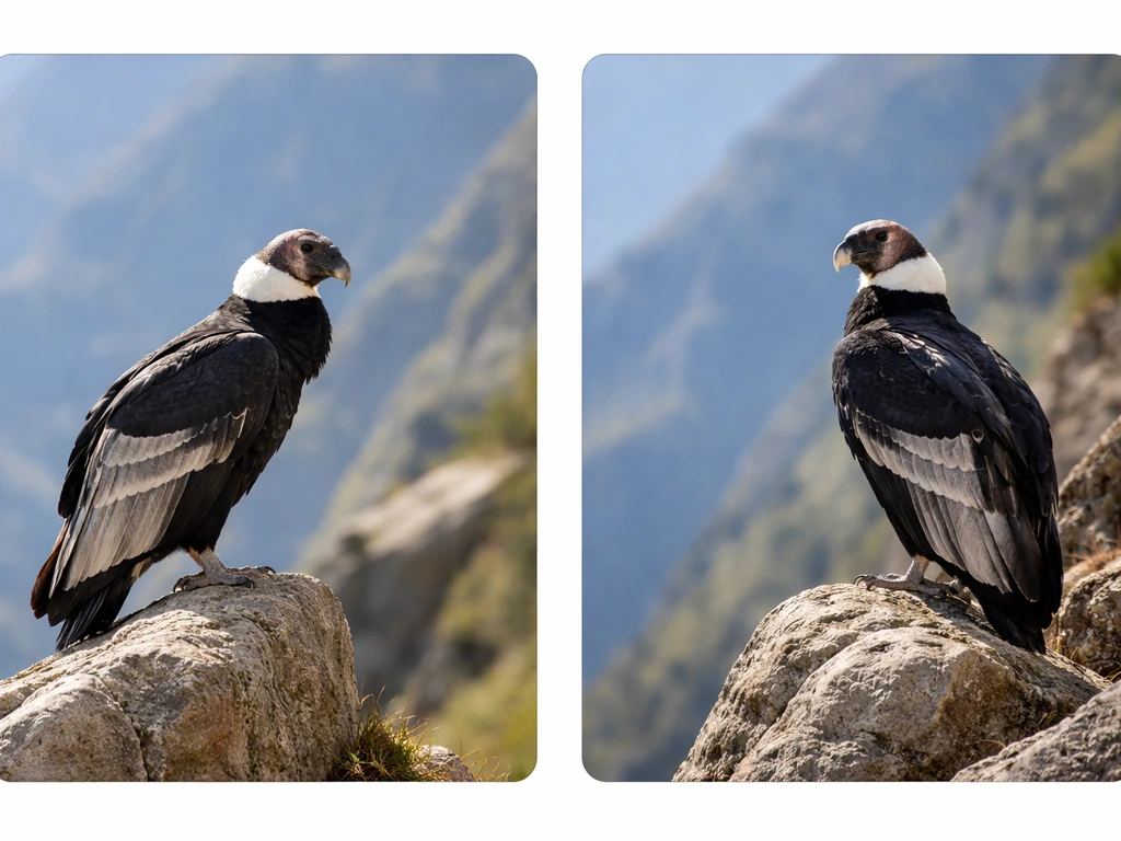 Two minimalist side-by-side photos of an Andean condor perched on rocky cliffs.