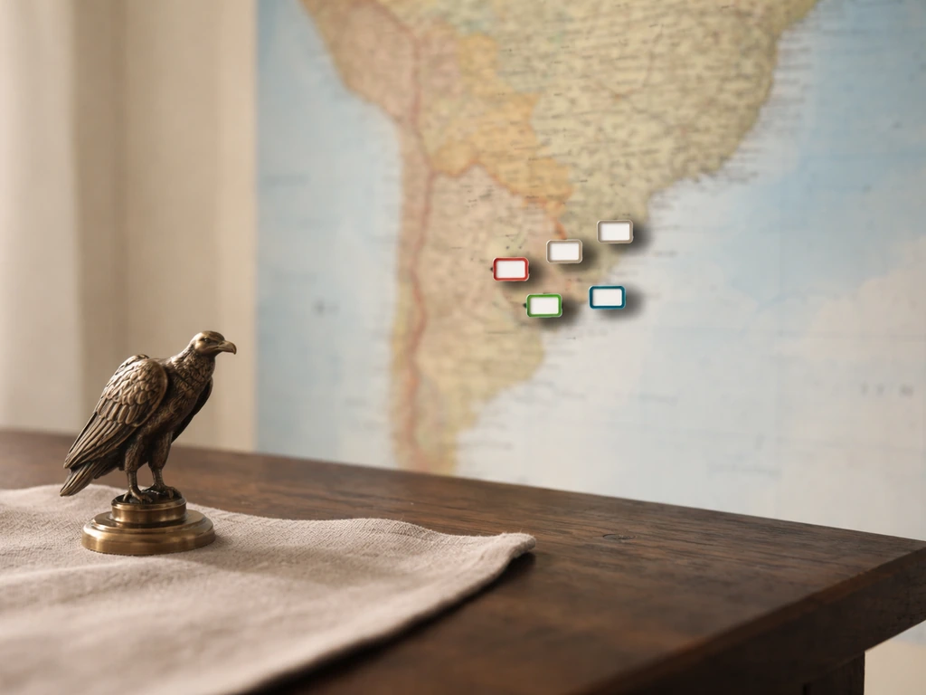 Minimal still life: a blurred South America map, condor figurine, and small pins suggesting neighbor comparisons.