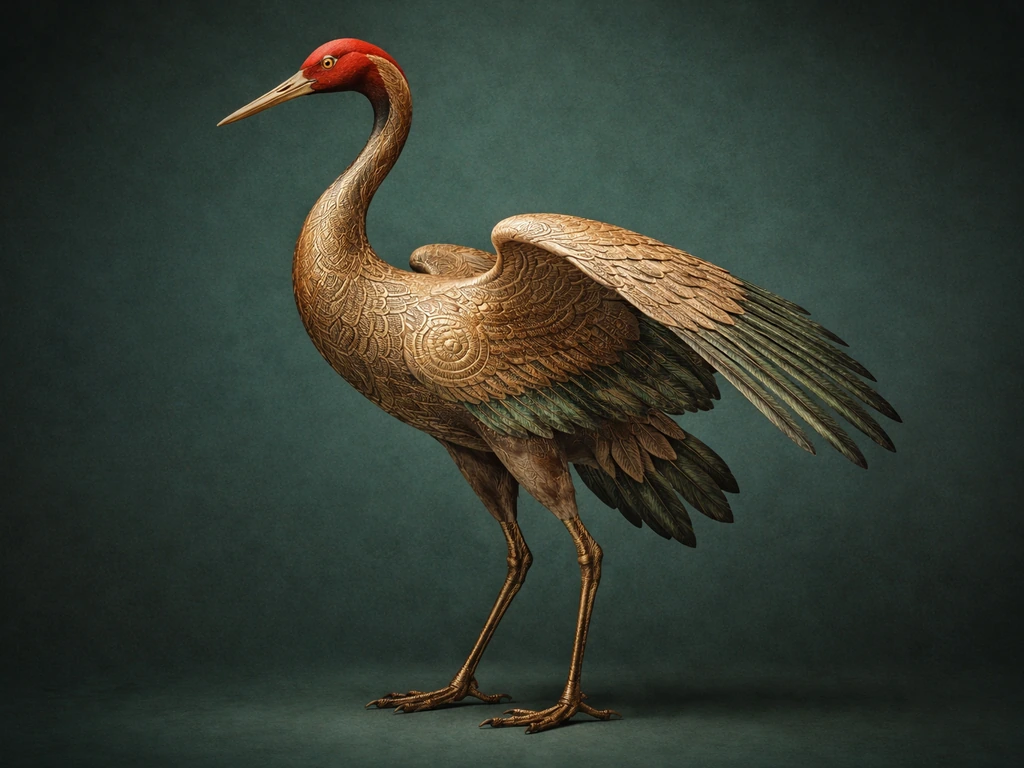Ornate mythical crane inspired by Đông Sơn drum motifs in red, gold, and jade colors.
