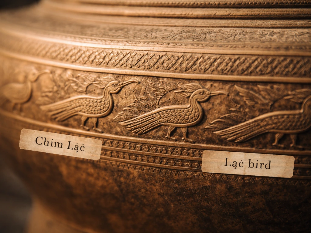 Close-up of an Đông Sơn drum showing a bird motif with “Chim Lạc” and “Lạc bird” labels overlayed.