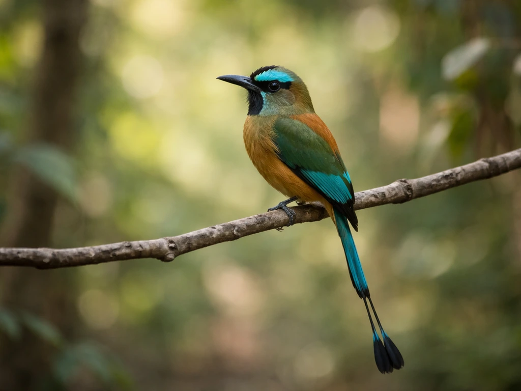 A turquoise-browed motmot perched on a branch in a softly blurred forest background.