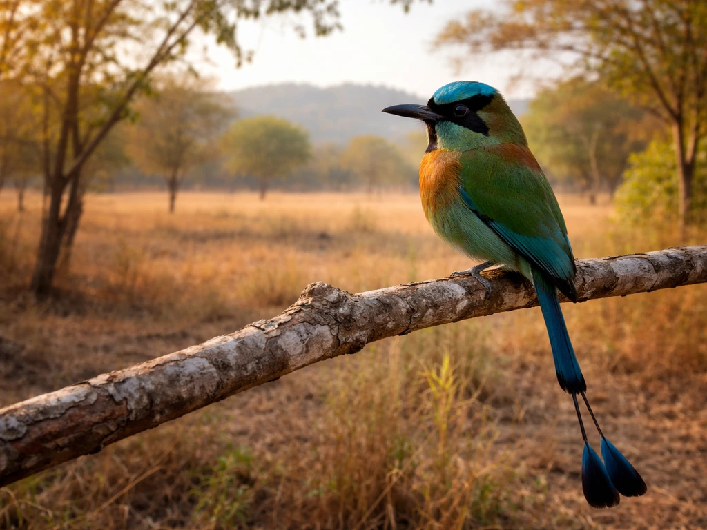 Torogoz bird perched on a branch in an open woodland near farmland at golden hour.
