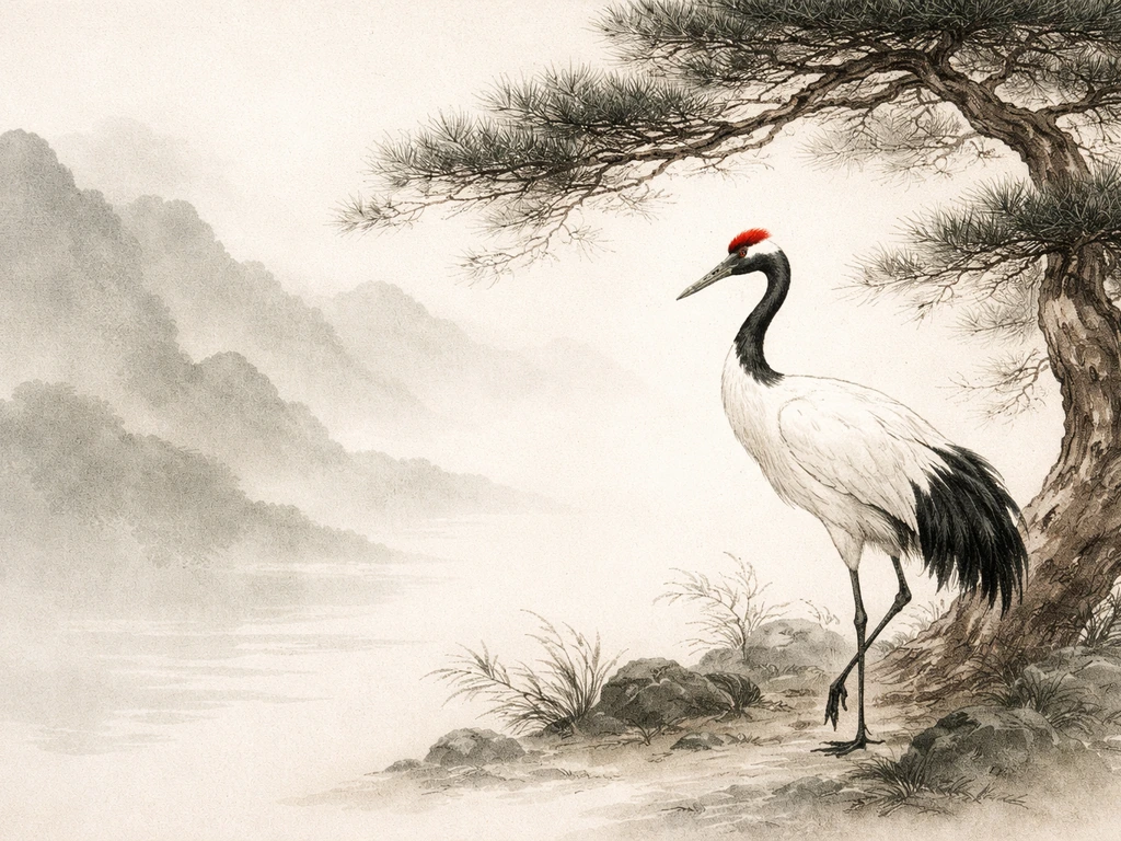 Red-crowned crane beside a pine branch in a minimal misty ink-painting style scene.