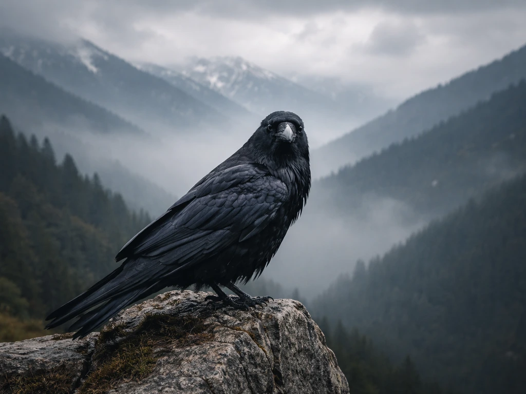 A black raven perched on a rocky mountain ridge overlooking misty Bhutan-like peaks