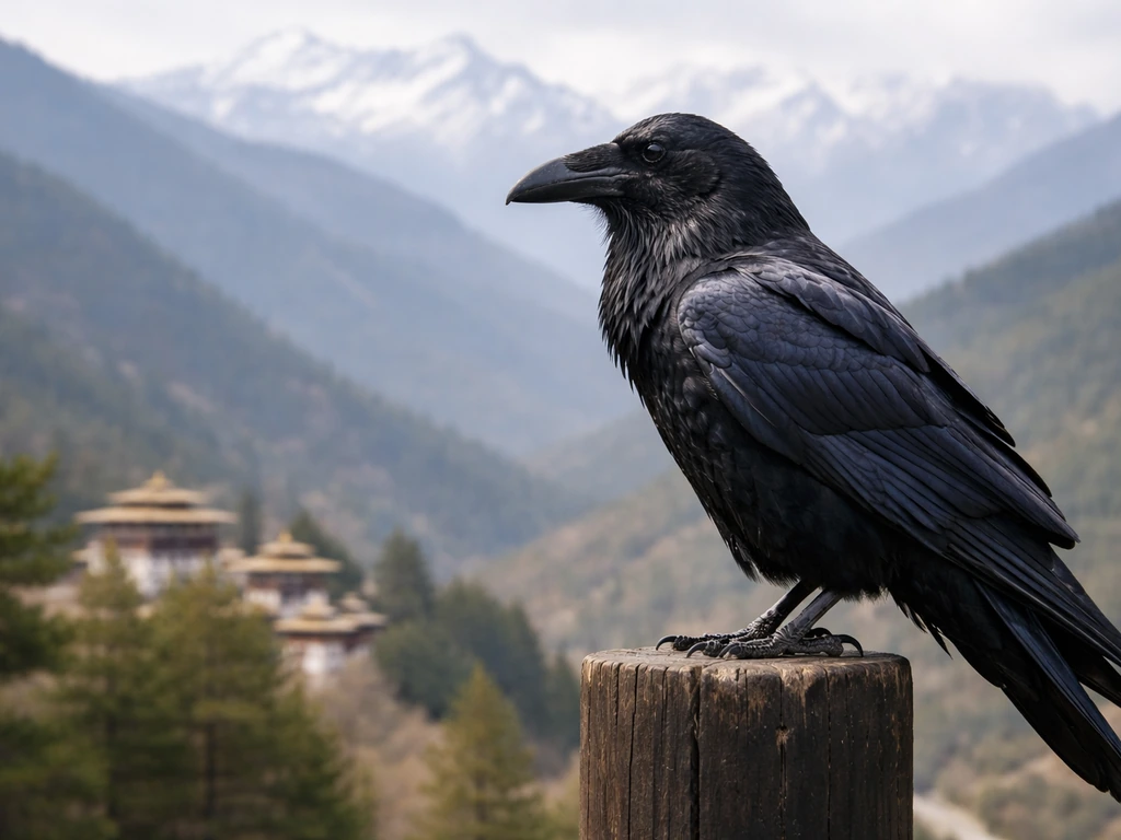 A realistic raven perched against a softly blurred Himalayan backdrop, evoking Bhutan’s national bird.