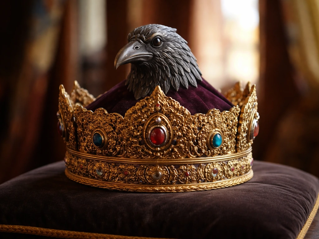 Close-up of an ornate royal crown with a raven head ornament in warm light