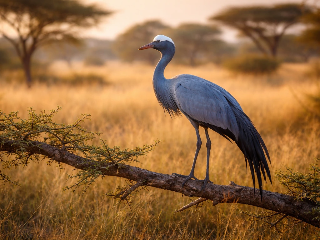 Blue crane perched on a branch with a savanna backdrop, evoking official national bird symbolism