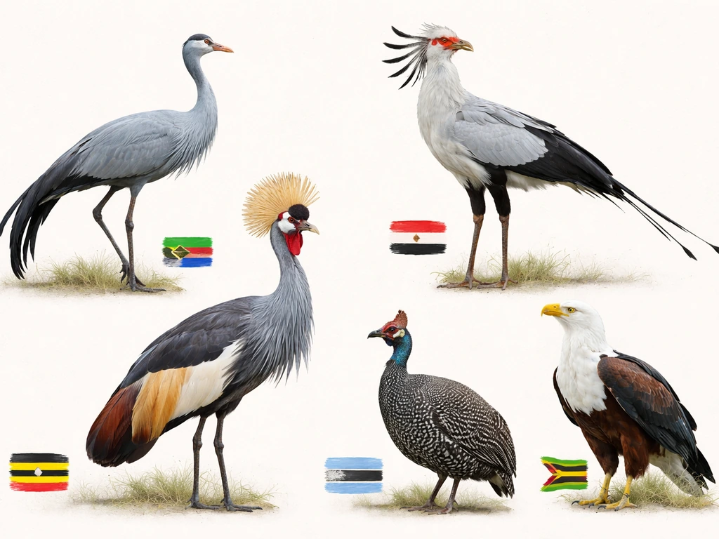 Collage-style display of several African national birds with subtle country markers beside each bird.