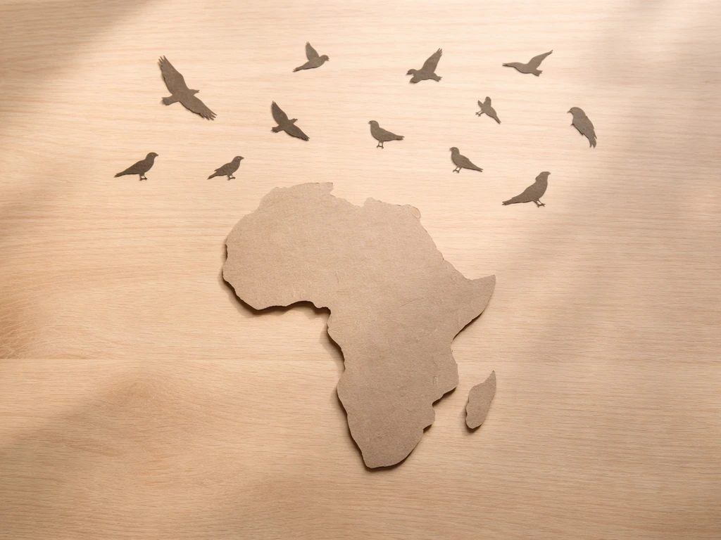 Minimal wooden tabletop with a paper-cut Africa silhouette and several separated bird silhouettes around it.