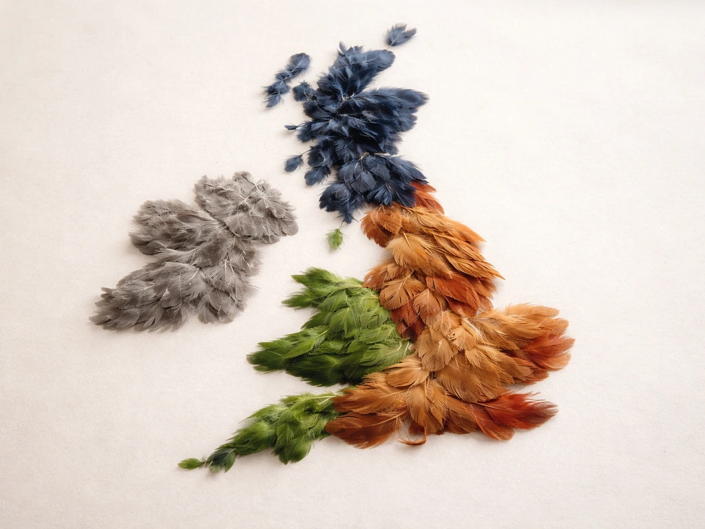 Minimal photo of four colored UK-themed feathers laid in a map-like shape, representing England, Scotland, Wales, Northe