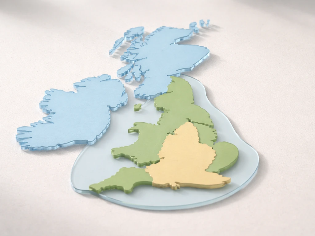 Overlapping translucent island cutouts on a desk showing England inside Great Britain inside the UK.