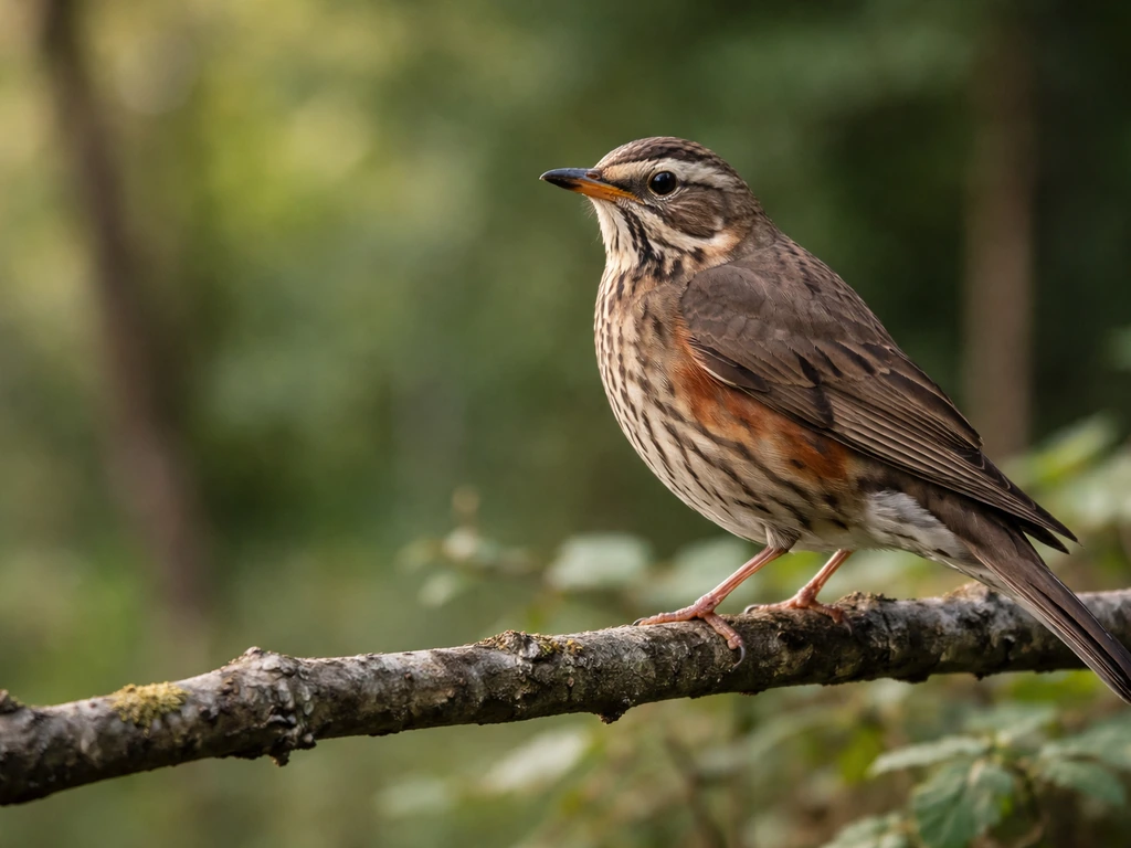 Redwing thrush perched on a branch, red underwing detail visible in natural greenery.