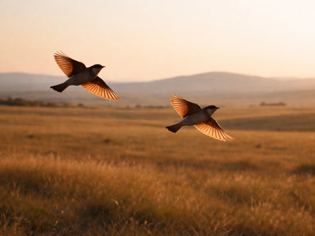 Red-tinged birds flying over open Turkish fields at golden hour, symbolizing migration.