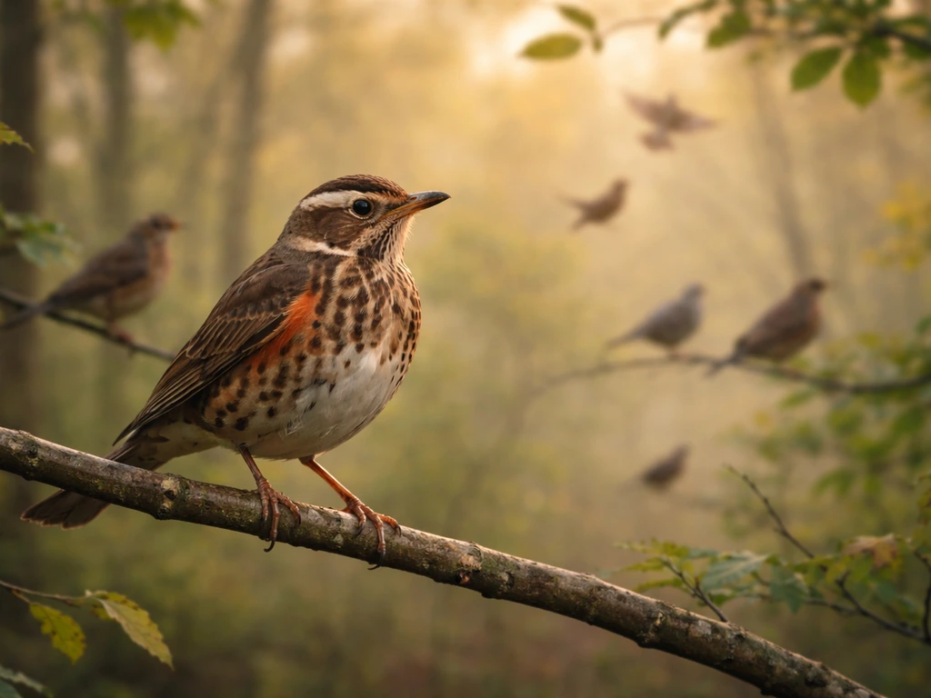 Redwing thrush perched on a branch with a small flock of migrating songbirds in soft-focus background.