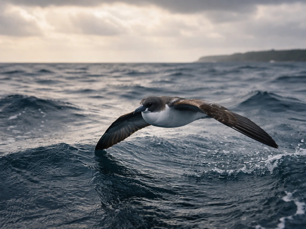 Cahow seabird flying low over the Atlantic near Bermuda with waves and a dramatic sky behind it