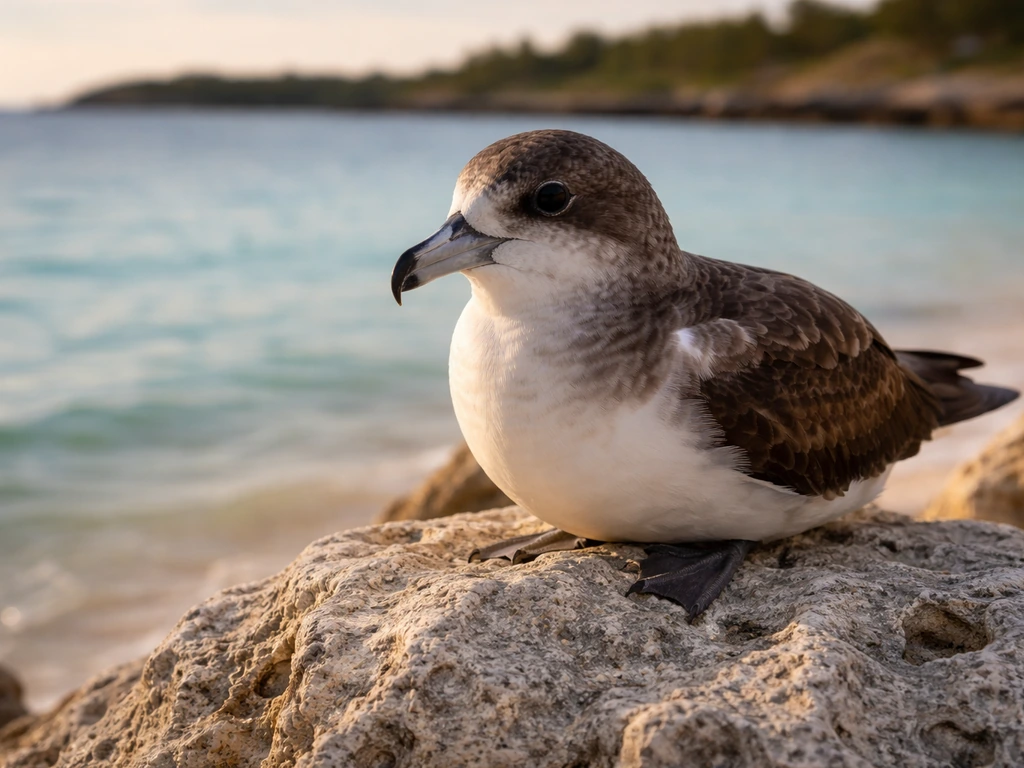 A rare cahow seabird perched on a rugged Bermuda shoreline at golden hour.