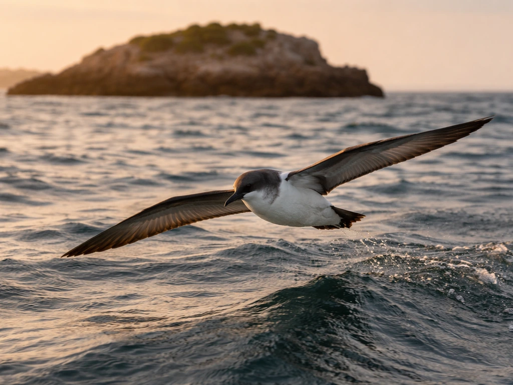Cahow-like seabird gliding over open ocean near rocky islets, returning to its nesting area