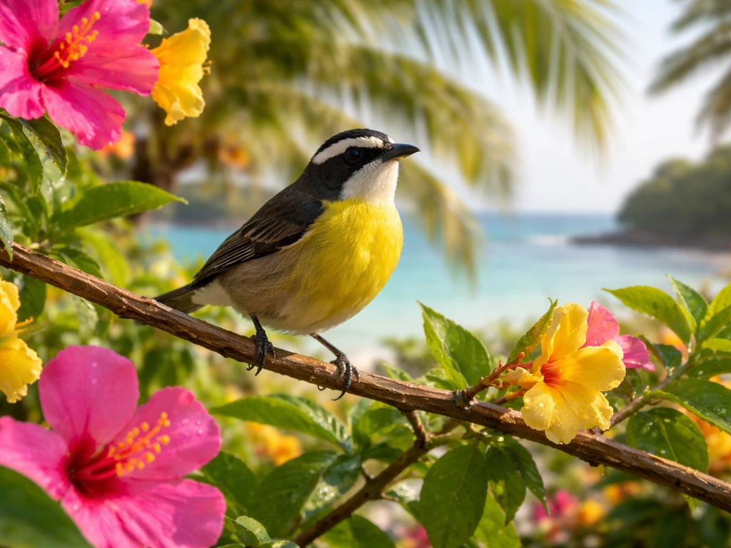 Yellow-breasted bananaquit perched among tropical flowers on a sunny island landscape.