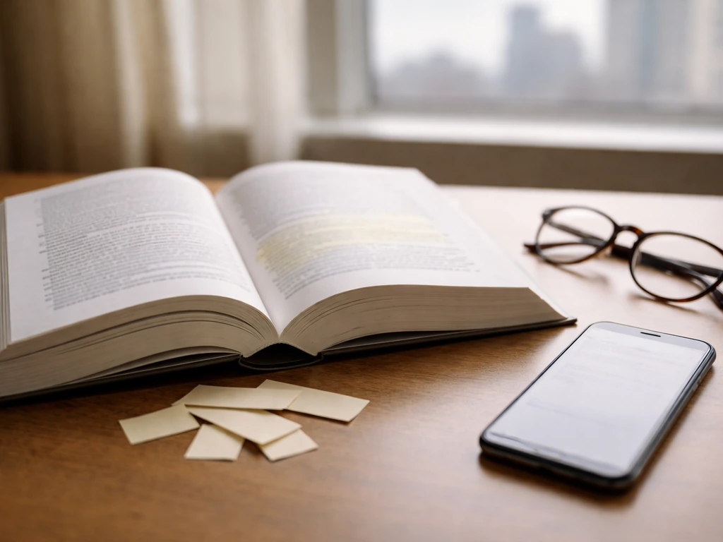 Desk with an open legal book and highlighted lines, plus phone and papers in soft natural light.