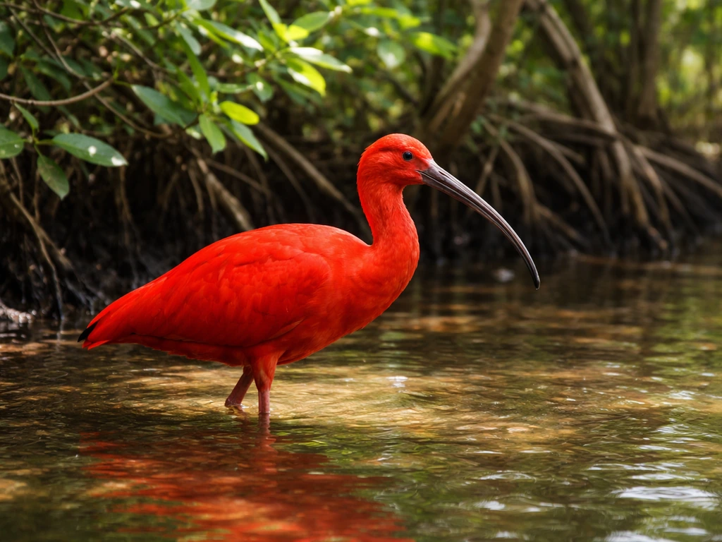 Vivid scarlet ibis standing among shallow mangrove pools in Trinidad’s lush wetlands.