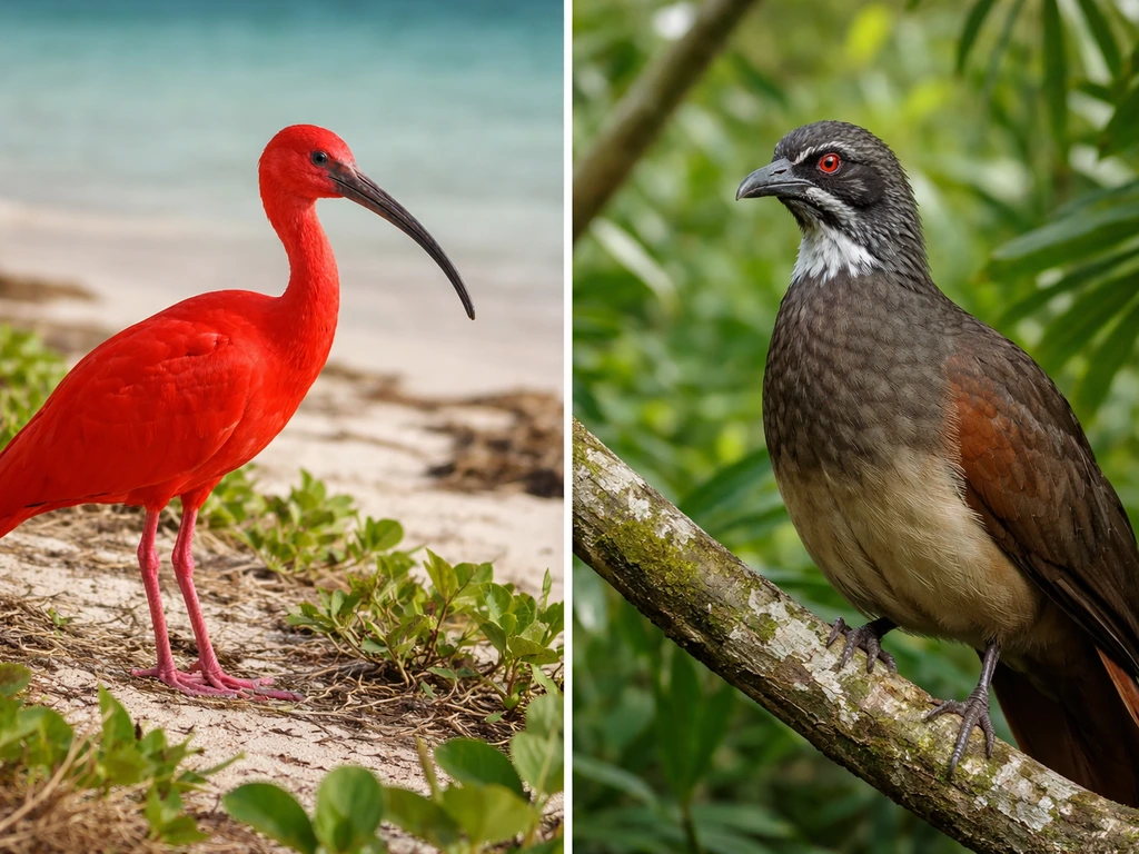 Side-by-side photo of a scarlet ibis and a cocrico bird in simple tropical settings, highlighting features.
