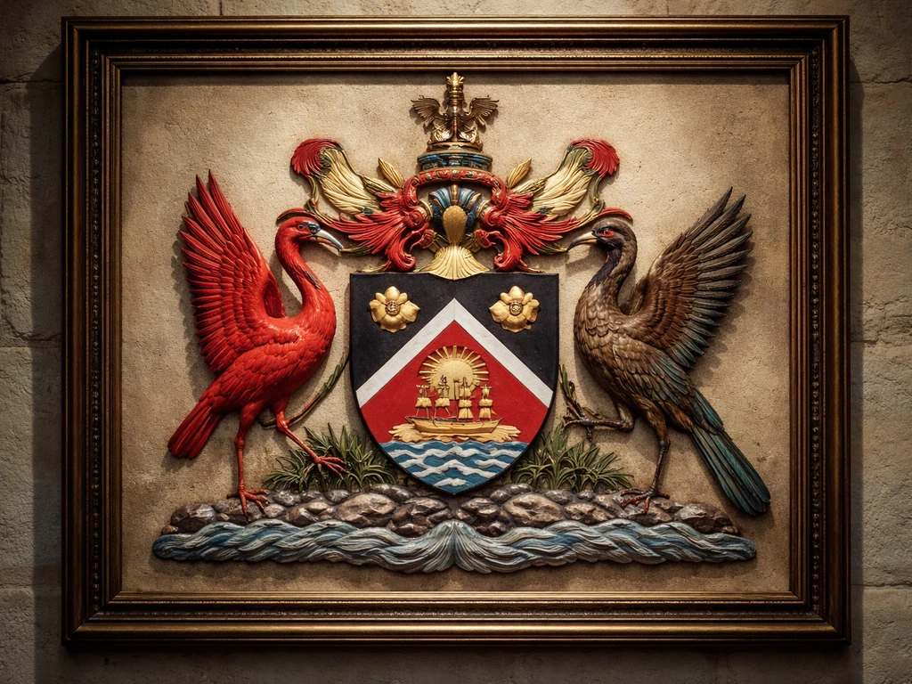 Close-up of a framed coat of arms display with scarlet ibis and cocrico as supporters.