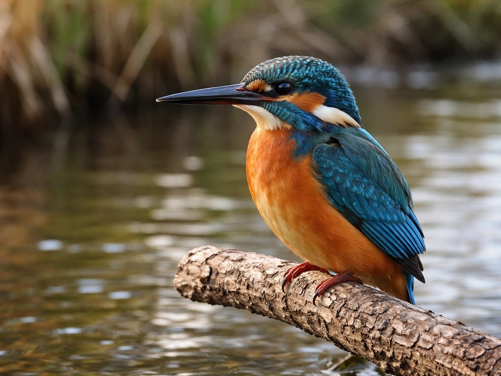 Close-up of a Common Kingfisher perched over a river, showing blue, orange, and white markings.