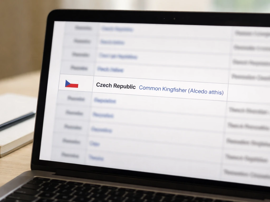 Close-up of a laptop screen showing a list with the Czech Republic row and Common Kingfisher entry.