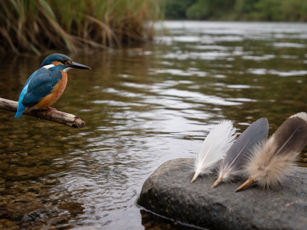 A kingfisher perched by water beside blurred feather/silhouette props of other birds.