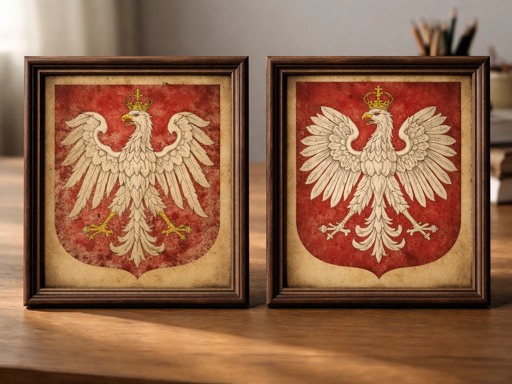 Two small weathered historical-style renderings of a white eagle emblem side by side on a wooden table