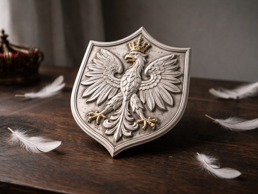 Close-up of a metallic white eagle crest on a dark table with crown-like motif, soft natural light.