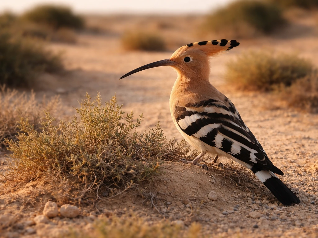 A hoopoe perched on desert scrub in warm Israeli light, with subtle landscape cues