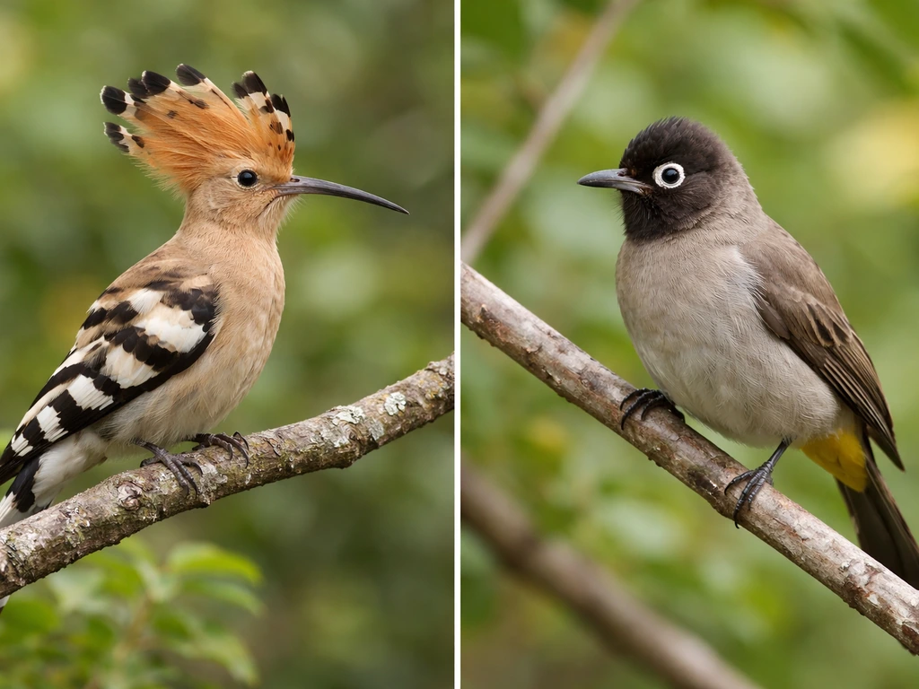 Hoopoe and white-spectacled bulbul shown side-by-side on branches with visible plumage differences