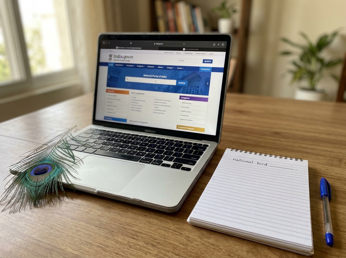 Laptop or phone search setup to verify 'national bird' on India’s national portal