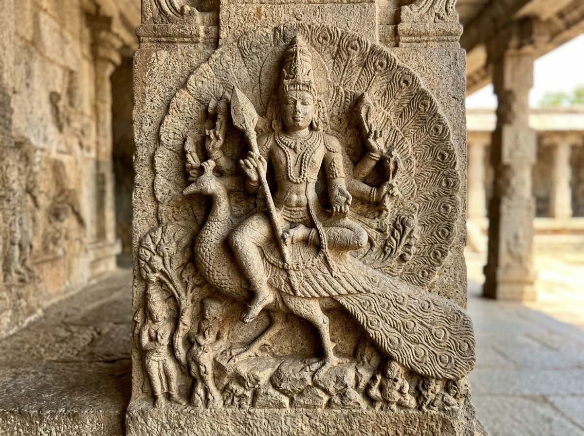 Close-up of temple carving showing Kartikeya with peacock iconography