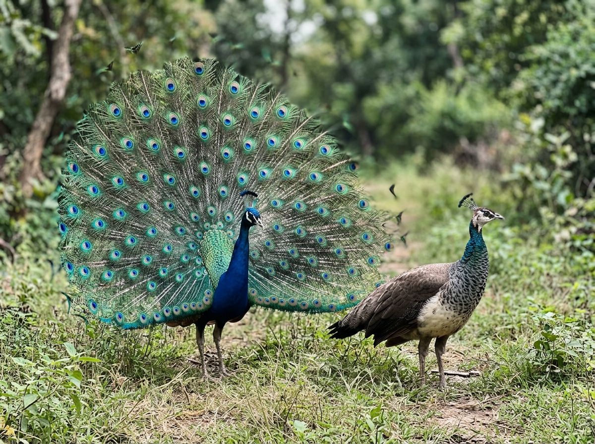 Male peacock with fanned tail next to a peahen in natural greenery