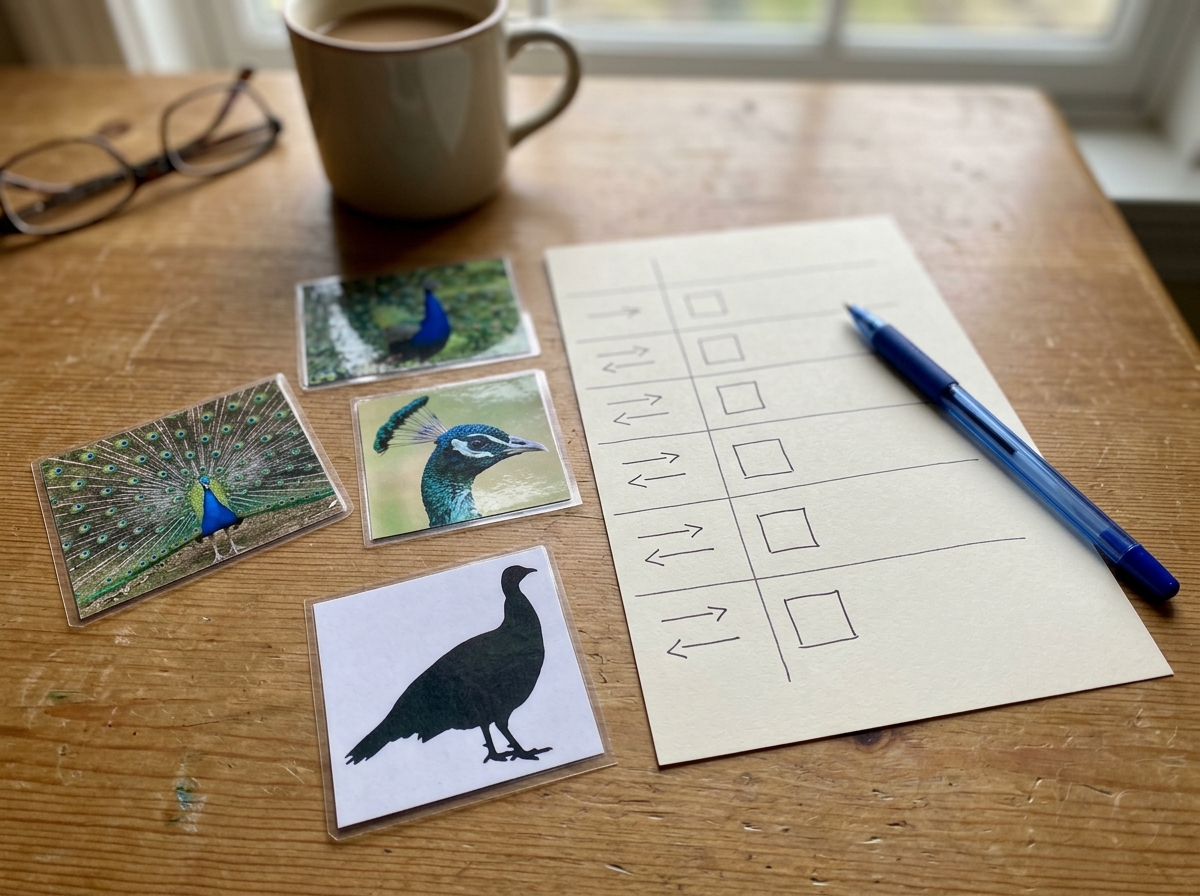 Tabletop quiz props comparing peacock with other national birds for region mix-ups