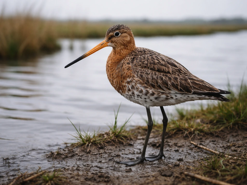 Close-up portrait of a grutto standing in Dutch wet meadow beside shallow polder water.